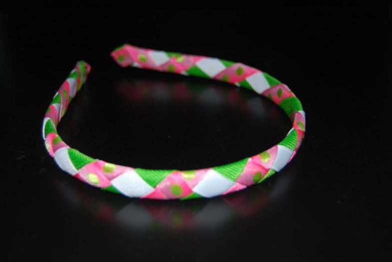 Hot Pink, Bright Green, and White Woven Ribbon Headband - Click Image to Close