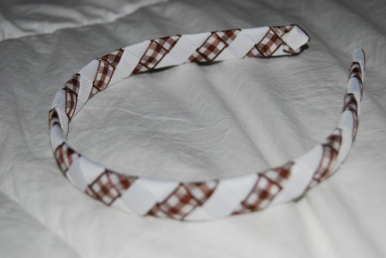 Brown and White Gingham Woven Headband - Click Image to Close