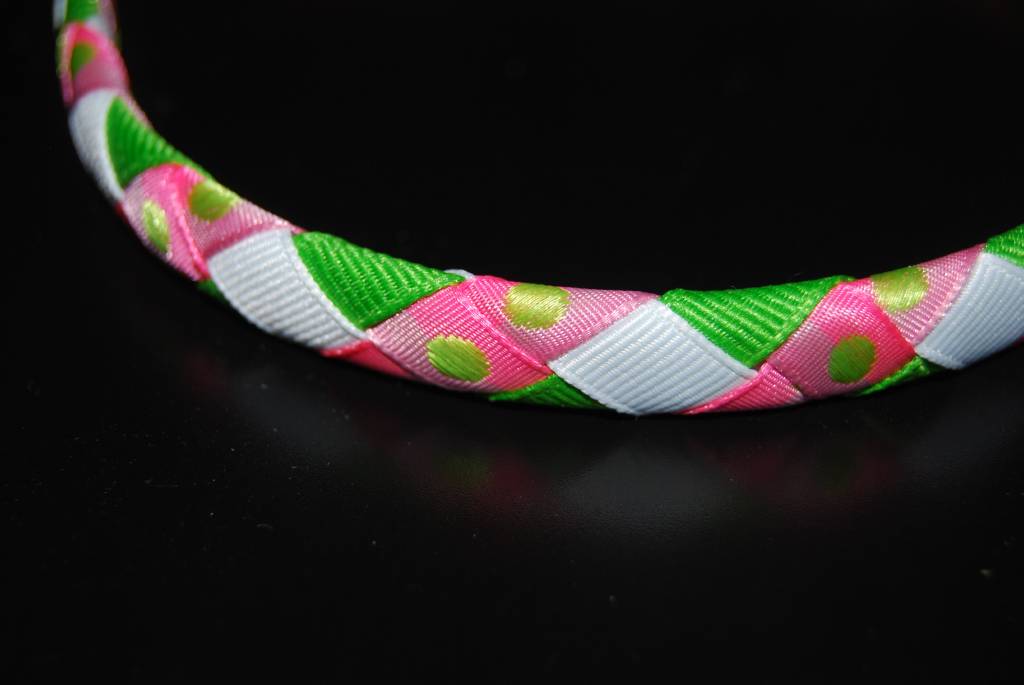 Hot Pink, Bright Green, and White Woven Ribbon Headband - Click Image to Close